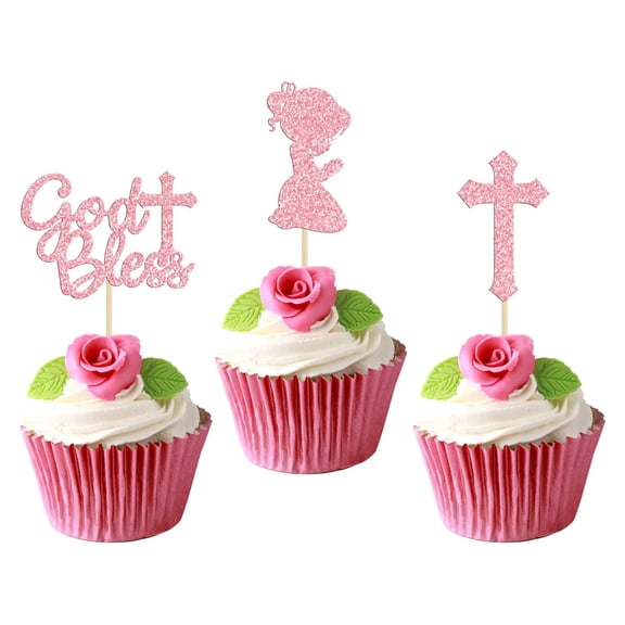 12pcs Pink Glitter God Bless and Cross Cupcake Toppers Girl Babyshower Cake Topper Decorations for Babyshower Girl Baptism Party Decoration Supplies
