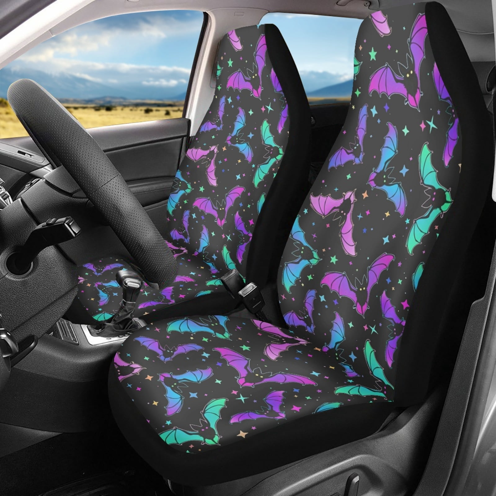 Xoenoiee Colorful Bat Stars Pattern Car Seat Cover Front Seats Only Full Set of 2, Universal Bucket High Back Comfortable Front Auto Seats Cushion