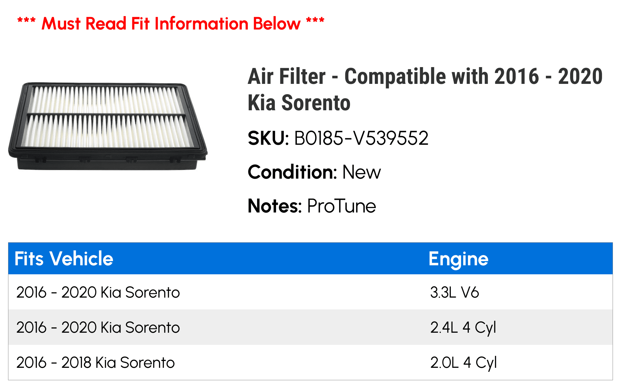 API ProTune B0185-V539552 Engine Air Filter for 2016-2020 Kia Sorento