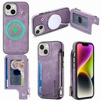 for iPhone 13 Zipper Wallet Case with Card Holder, Back Flip Folio PU Leather Card Slots Case for Men Women, Magnetic Wireless Charging Shockproof Cover for iPhone 13 6.1", Purple