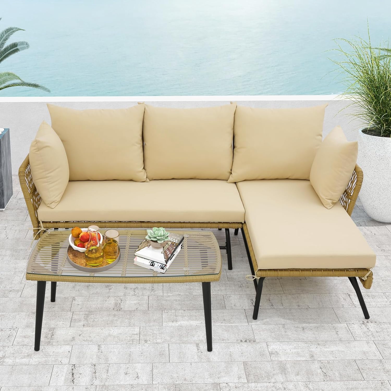 Set of 3 L-Shaped Patio PE Rattan Sofa Set Sectional Sofa Furniture Set with Cushions and Tempered Glass Table Beige