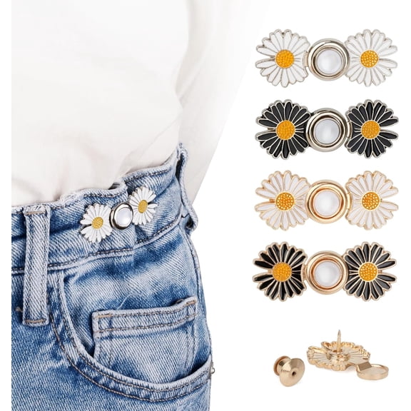 Pant Waist Tightener, Detachable Jean Buttons for Loose Jeans, No Sew and No Tools Button Pins for Jeans, Adjustable Jean Buttons Pins, Daisy Little bear Flower Instant Pants Button Tightener 4 Sets