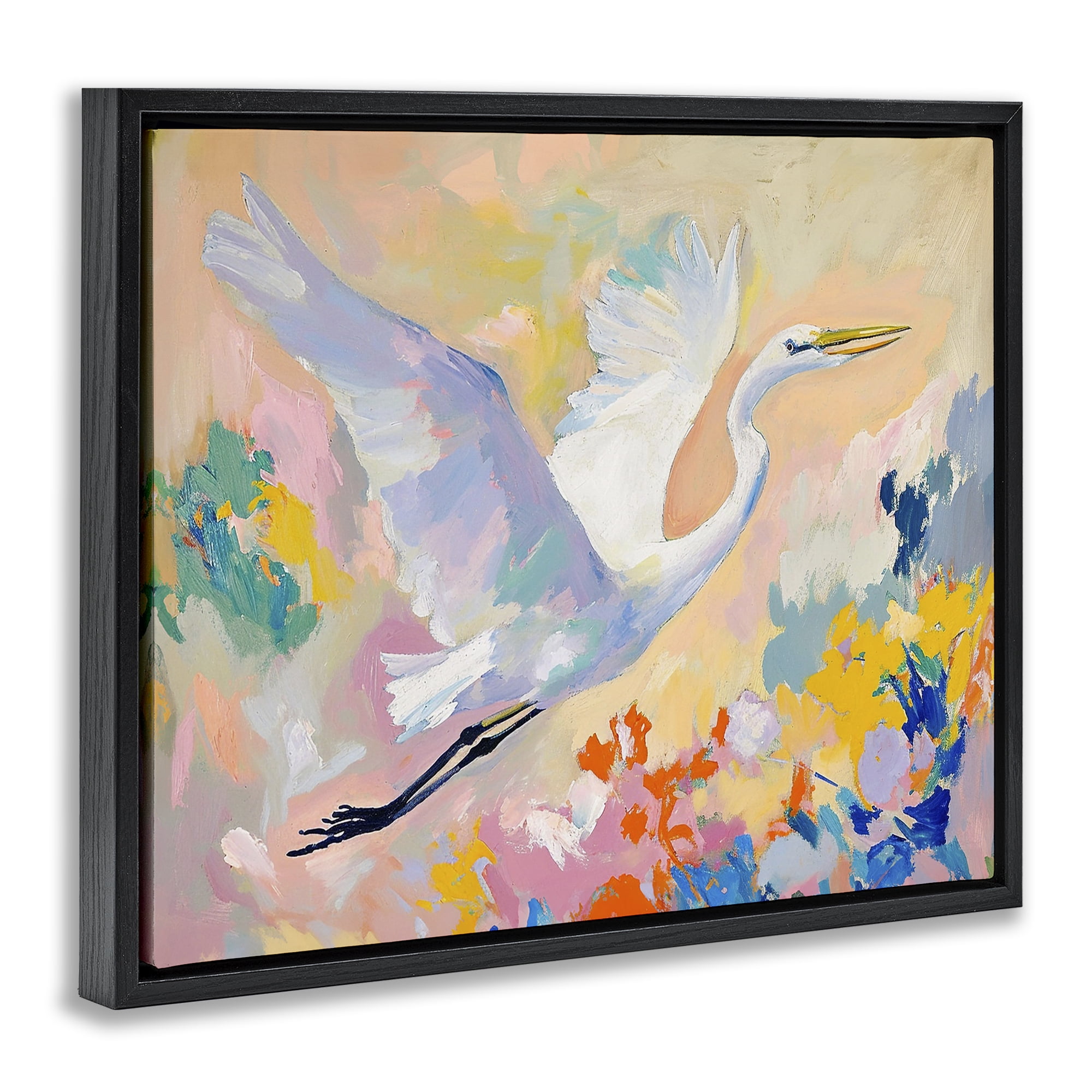 Stupell Industries Heron & Abstract Botanicals Animals & Insects Painting Black Floater Framed Canvas Art Print Wall Art, 21 x 17