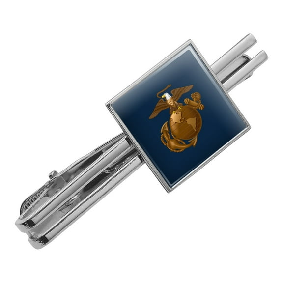 Marines USMC Eagle Globe Anchor on Blue Officially Licensed Square Tie Bar Clip Clasp Tack- Silver or Gold
