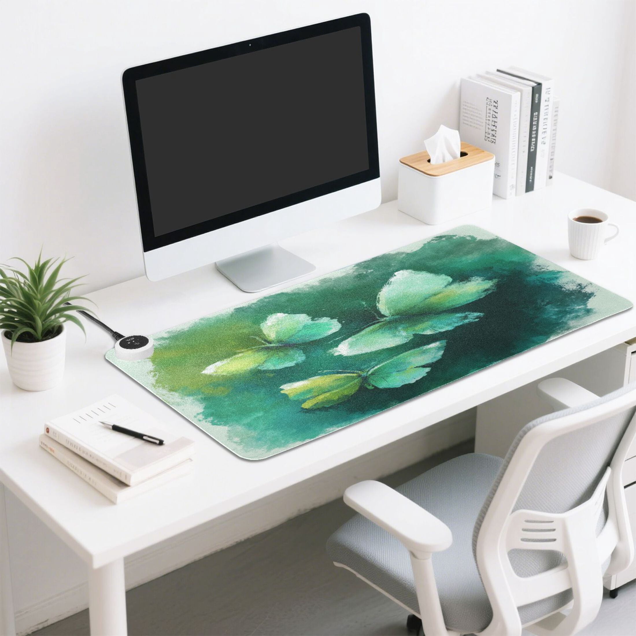Large Heated Desk Mat Mouse Pad 31.5"x13"PU Leather Graphene Heating Desk Warmer with 3 Temperature Settings 110V US Plug Non-Slip Warm Pad for Home, Office, and Gaming Deep Green Butterfly Whisper