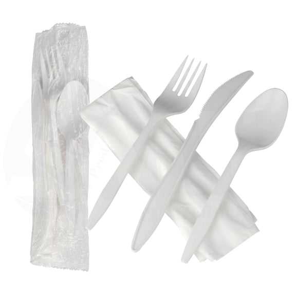 MT Products Disposable Plastic Cutlery Set – Individually Wrapped Silverware Utensil Sets - Pack of 50