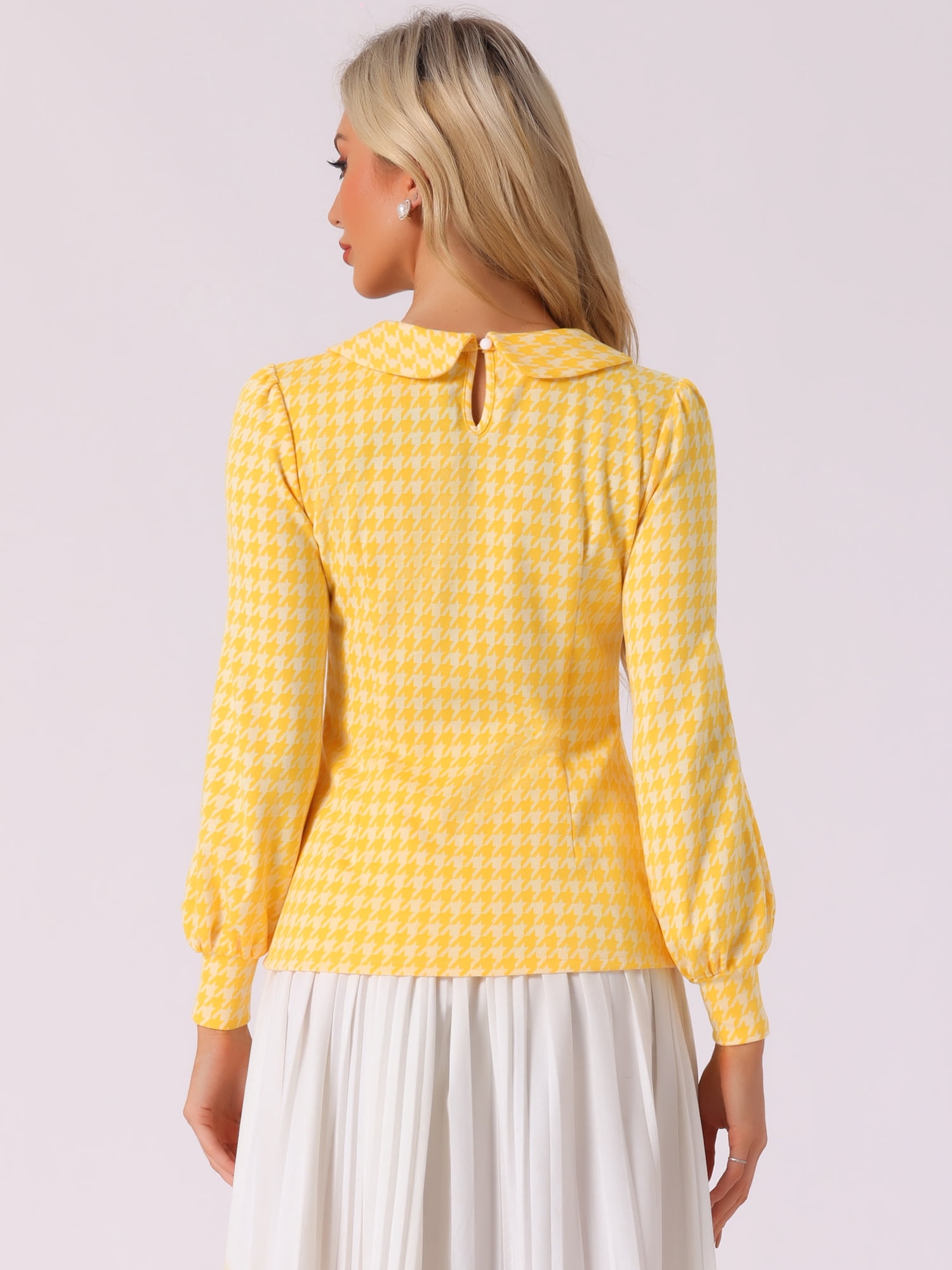 DARING DIVA Women's Peter Pan Collar Houndstooth Plaid Blouse S Yellow White
