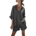 thumbnail image 3 of Pounoo 2 Piece Cotton Linen Sets for Women Collared Button Down Cuffed Short Sleeve Tops Elastic Waist Casual Shorts Summer Lounge Beach Outfits Gift, 3 of 9