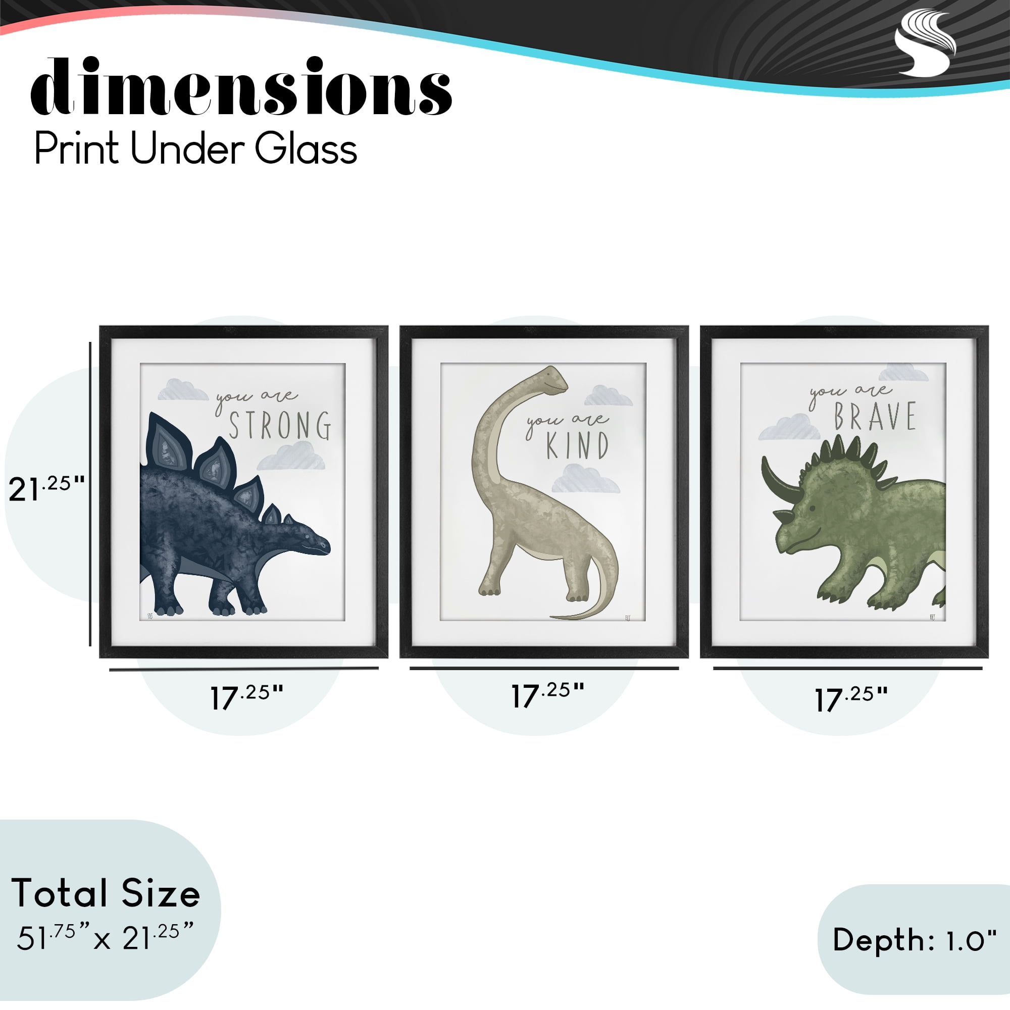 Stupell Industries Hopeful Encouraging Dinosaurs 3 Piece Black Framed Print Under Glass Set, design by Elizabeth Tyndall