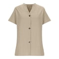 thumbnail image 5 of Women's Cotton Linen Shirt, Button Down Short Sleeve V-Neck Blouse, Breathable & Soft Casual Top for Daily Wear, Office, and Summer Outfits Essential Wardrobe Staple-Khaki, 5 of 5