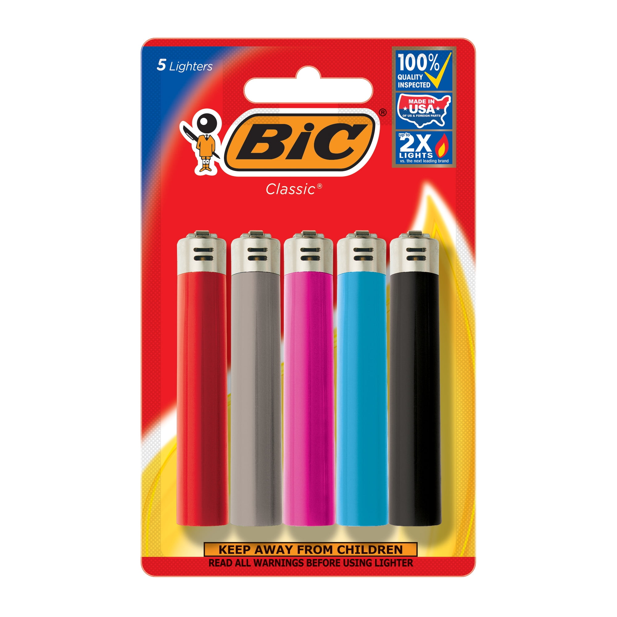 BIC Classic Pocket Lighter, Assorted Colors - Pack of 5 Lighters (Colors May Vary)