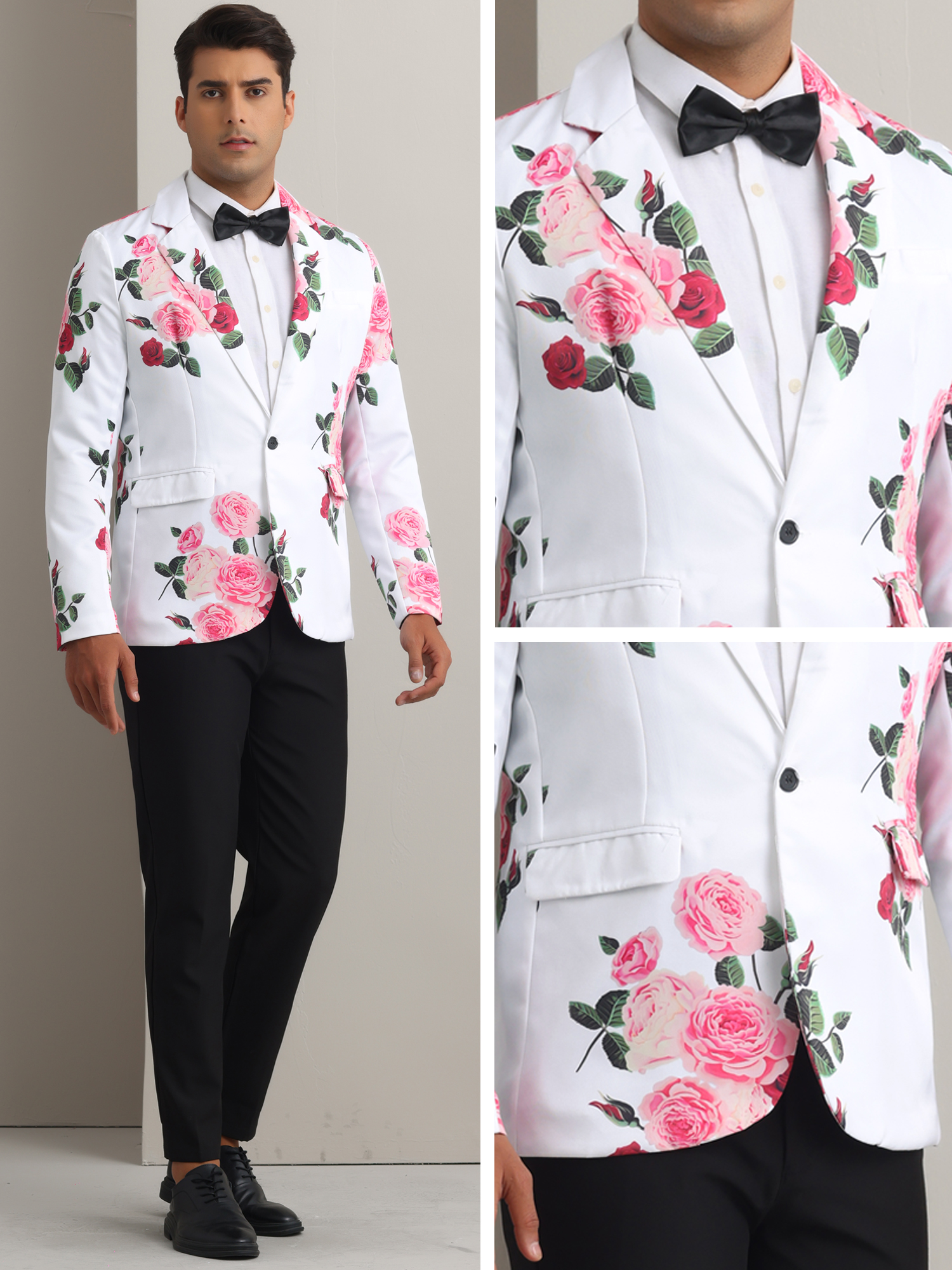 DARING DIVA Men's Floral Slim Fit Party Prom Flower Printed Blazers Suit Jacket L White