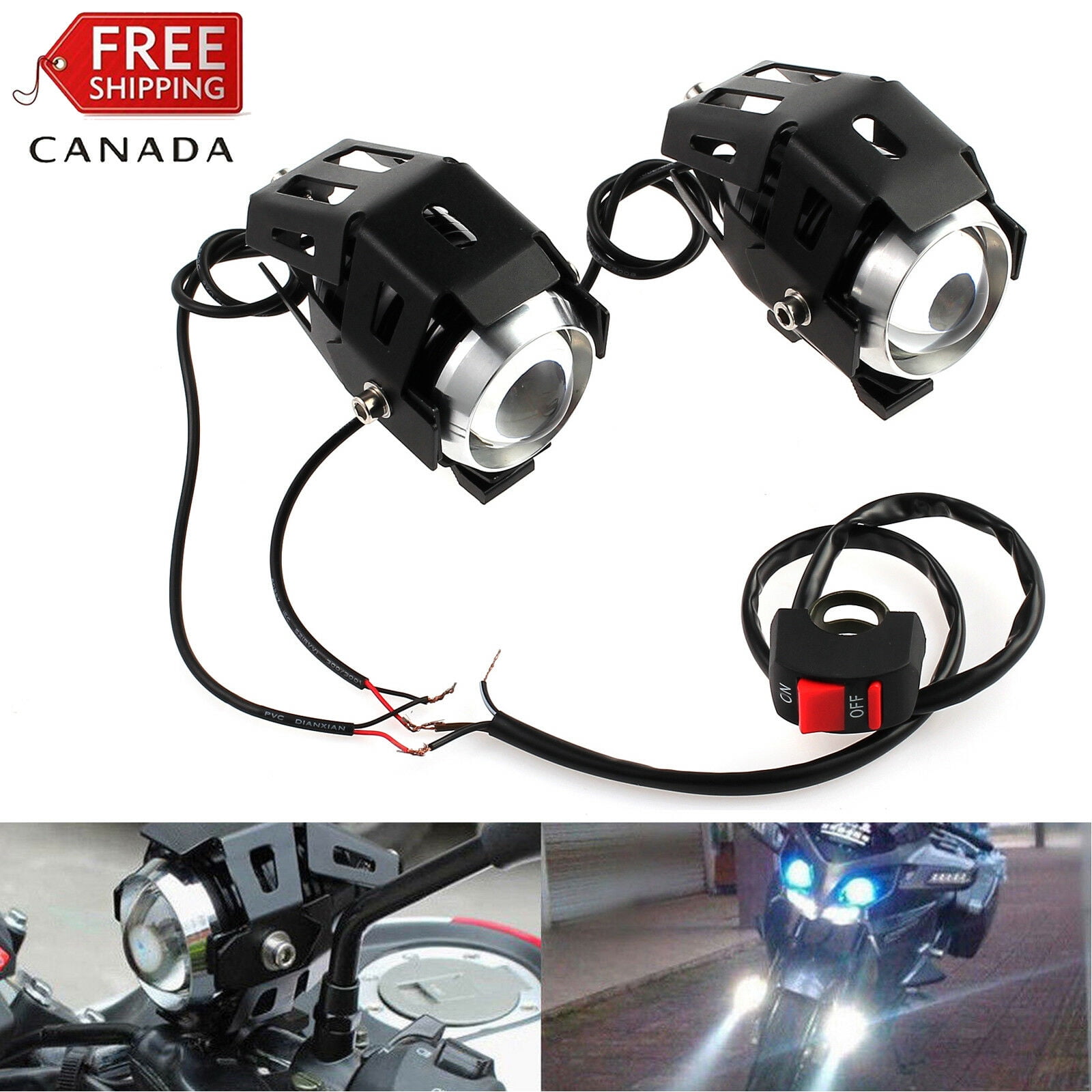 2PCS 125W U5 Lights Spot Lamp Motorcycle LED Headlight Driving Fog Switch Set*1