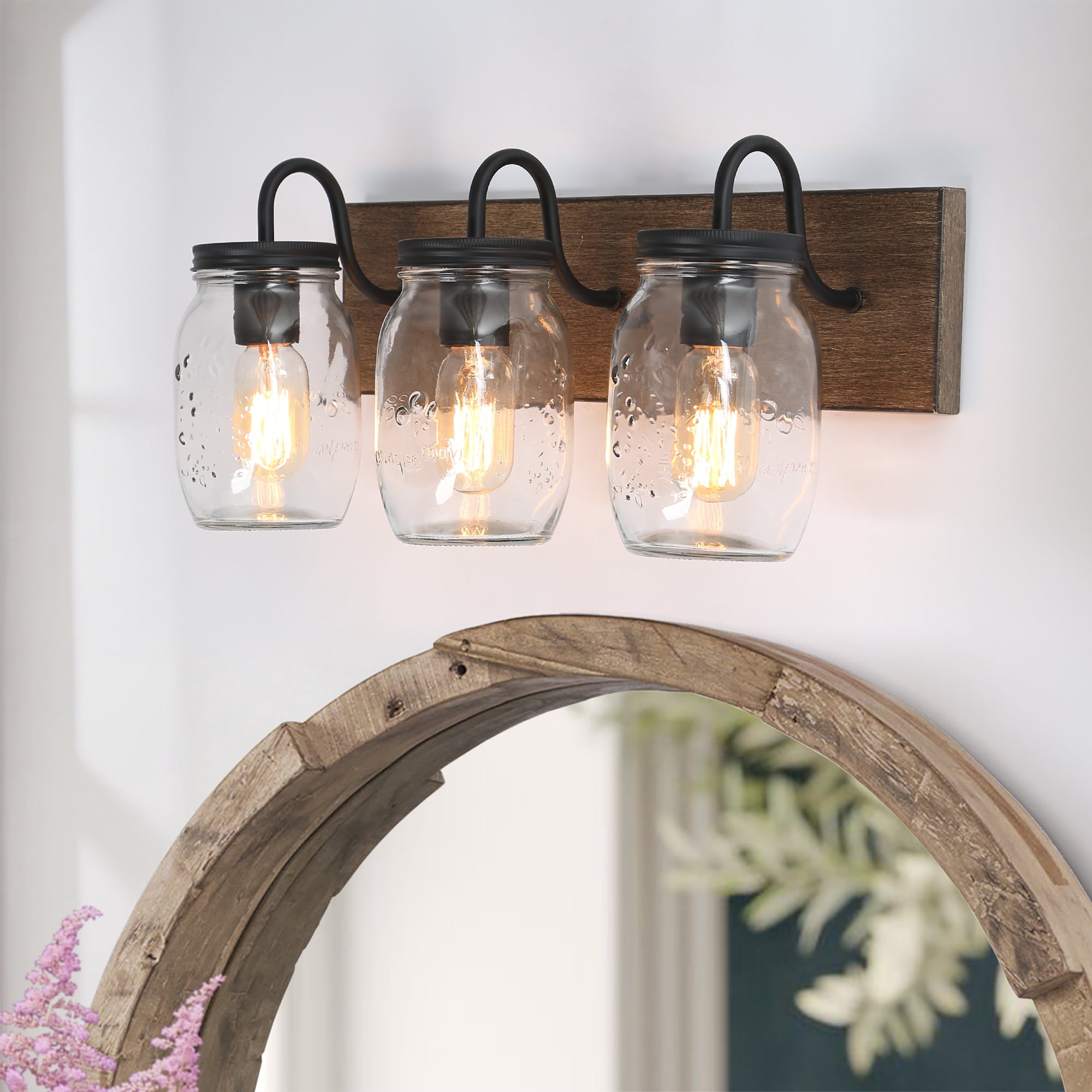 LNC 3-Light Farmhouse Brown Wood and Black with Maison Jar Shade Vanity Light for Bathroom