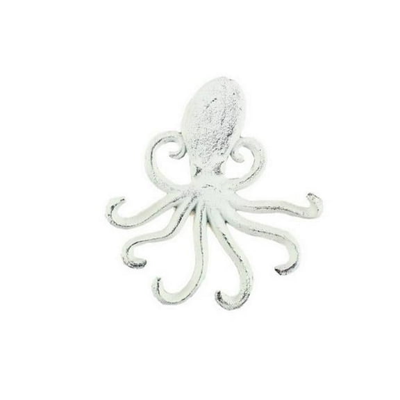 Handcrafted Decor K-0754-W Rustic Whitewashed Cast Iron Wall Mounted Decorative Octopus Hooks- 7 in.