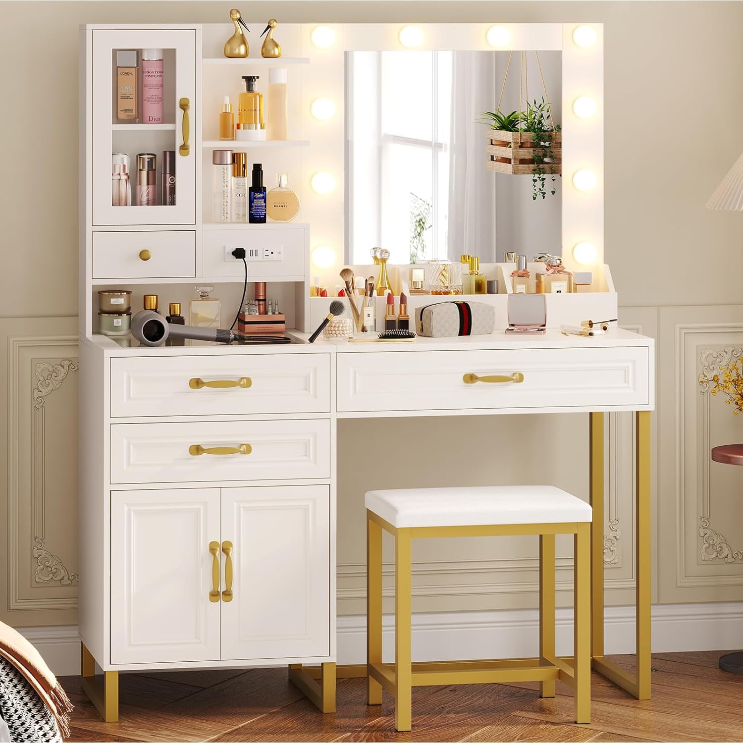 Vanity Desk Set with LED Lights Mirror and Charging Station & Makeup Stool, 3 Light Mode, Glass Top Drawer & Double Doors Cabinet Vanity Desk for Bedroom,White