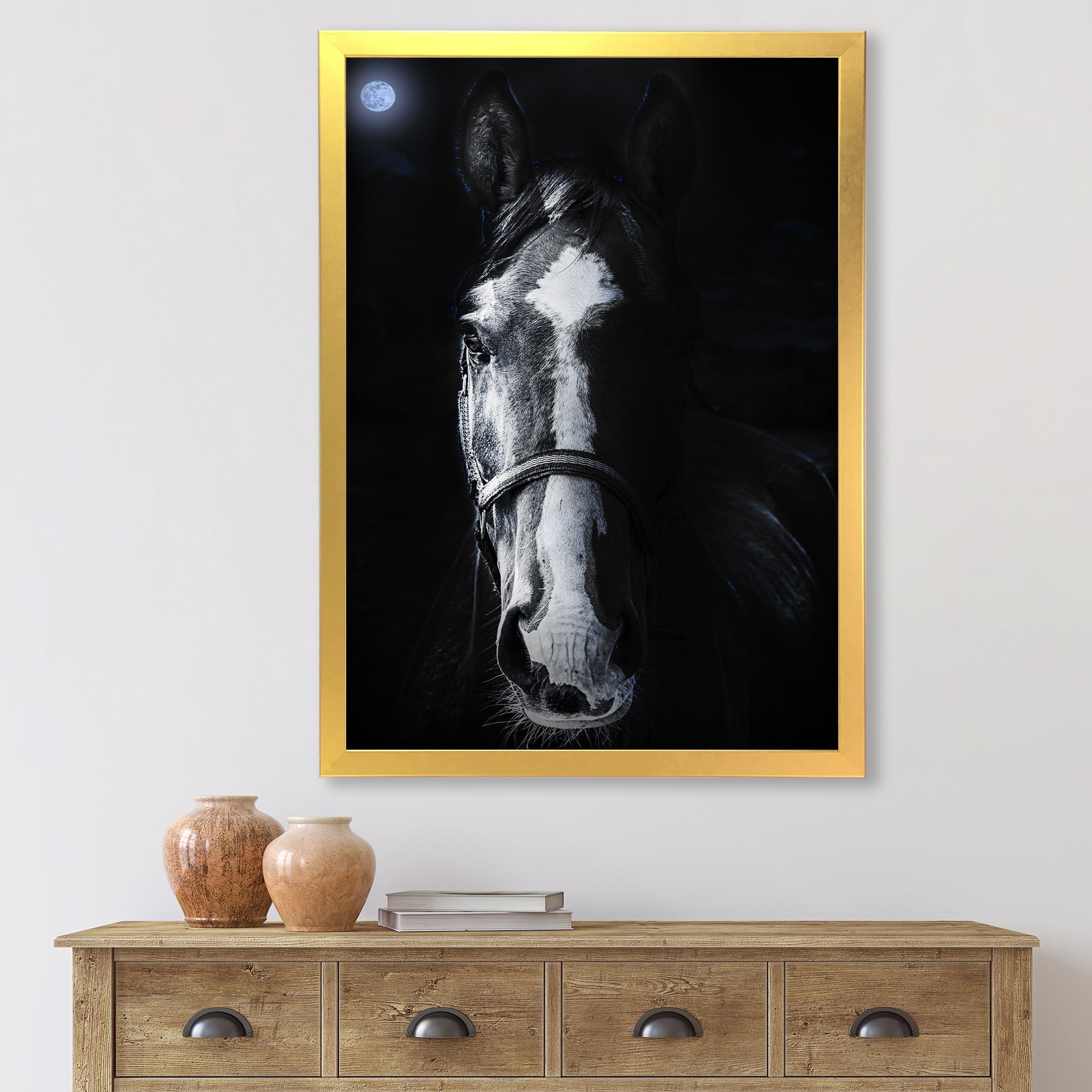 Portrait of Horse Staring Sinister 16 in x 32 in Framed Photography Canvas Art Print, by Designart