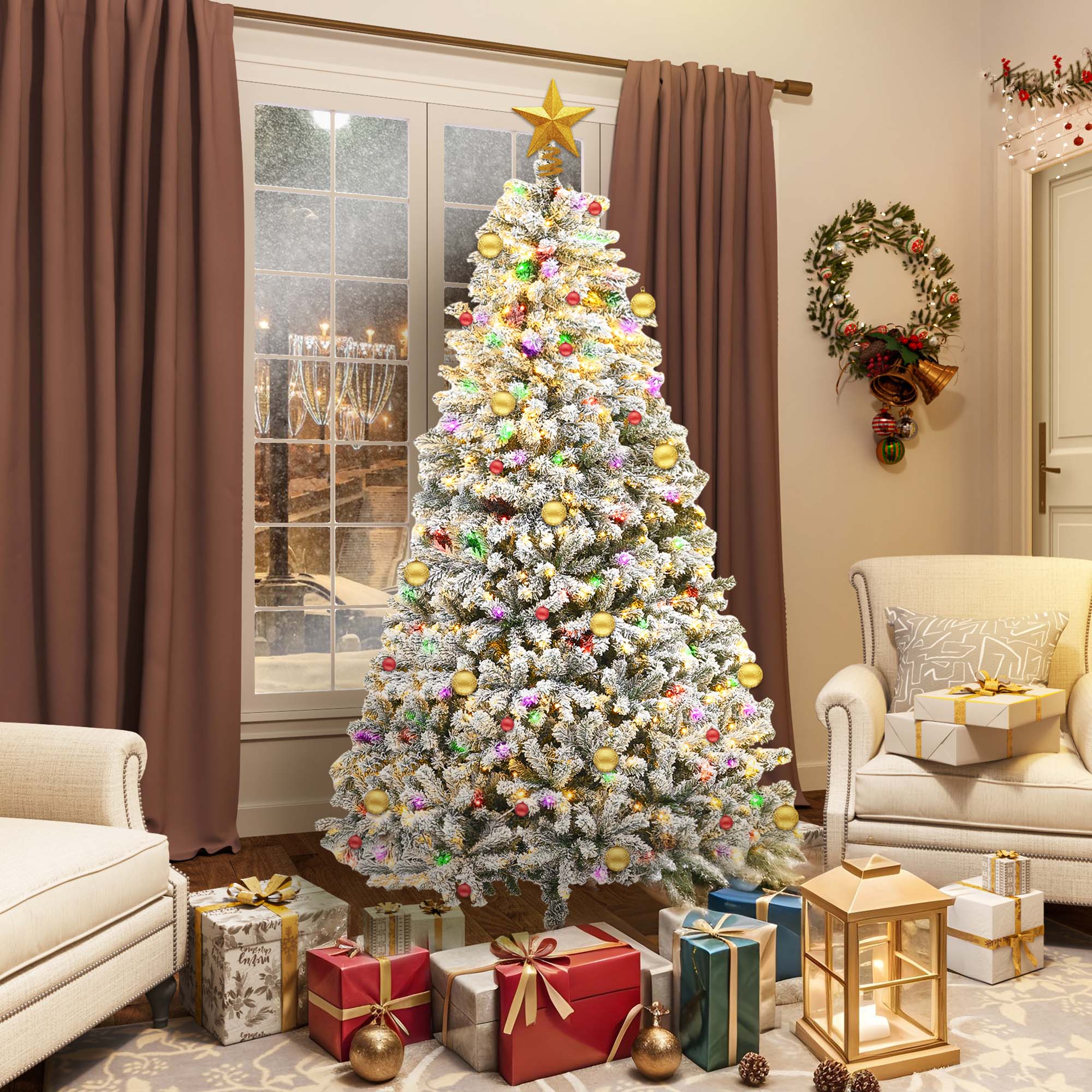 Uforic 7.5ft Pre-lit Snow Flocked Christmas Tree with 1450 Branch Tips & 550 Lights, Christmas Pine Tree with Remote, 11 Light Modes,Green