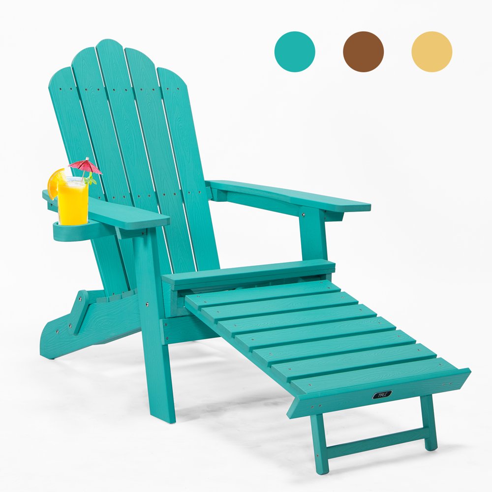 GZXS Folding Adirondack Chair with Pullout Ottoman and Cup Holder, Oaversized Wood Lounge Chair for Patio Deck Garden, Backyard Furniture, Green - image 1 of 10