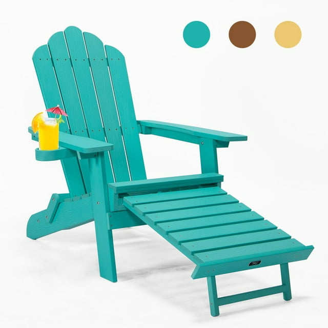 GZXS Folding Adirondack Chair with Pullout Ottoman and Cup Holder, Oaversized Wood Lounge Chair for Patio Deck Garden, Backyard Furniture, Green