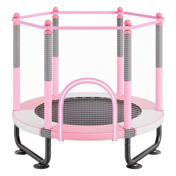 60" Kids Trampoline, 5FT Indoor Outdoor Trampoline, Mini Toddler Recreational Trampolinewith Safety Enclosure Net and Basketball Hoop, Birthday Gifts Christmas Toys for 3  Years Children, Pink