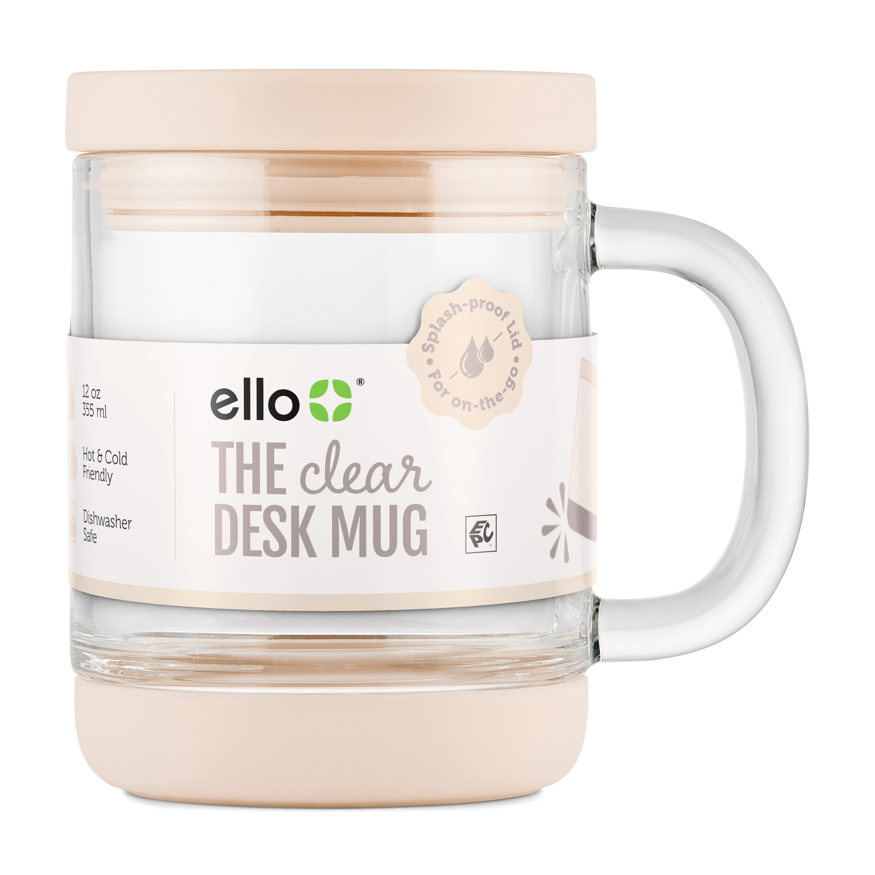 Ello Nova Shine 12oz Glass Mug with Lid | Built-In Handle, Silicone Boot, BPA Free, Dishwasher Safe | Hot and Cold Coffee Tea Mug | Sandbar