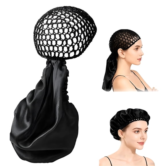 TUWAFE 2 In1 Wrap Cap Bonnet Reversible Adjustable Tie Band, Silk Bonnet Hair Wrap Cap for Silk Press, New Satin Bonnet for Sleeping, Double Layered Band for Curly Natural and Braided Hair (Black)
