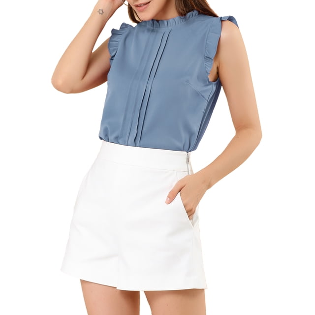 INSPIRE CHIC Women's Sleeveless Blouse Ruffled Pleated Wear-to-Work Chic Blouse XS Blue Grey