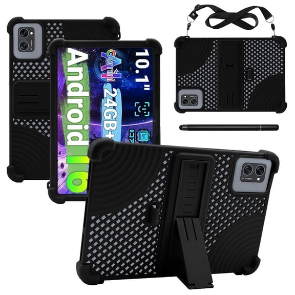 【RUIXH】Protective case for TABWEE T20 Android 16 10.1-inch tablets made of silicone waterproof and drop-proof breathable built-in stand pen slot design includes shoulder strap and stylus (Black)