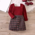 thumbnail image 5 of Wavsuf (3-8 Years) Red Knit Long Sleeve Top + Plaid Button Half Tweed Skirt Set Two Piece Skirt Set Red Size 4Y, 5 of 8