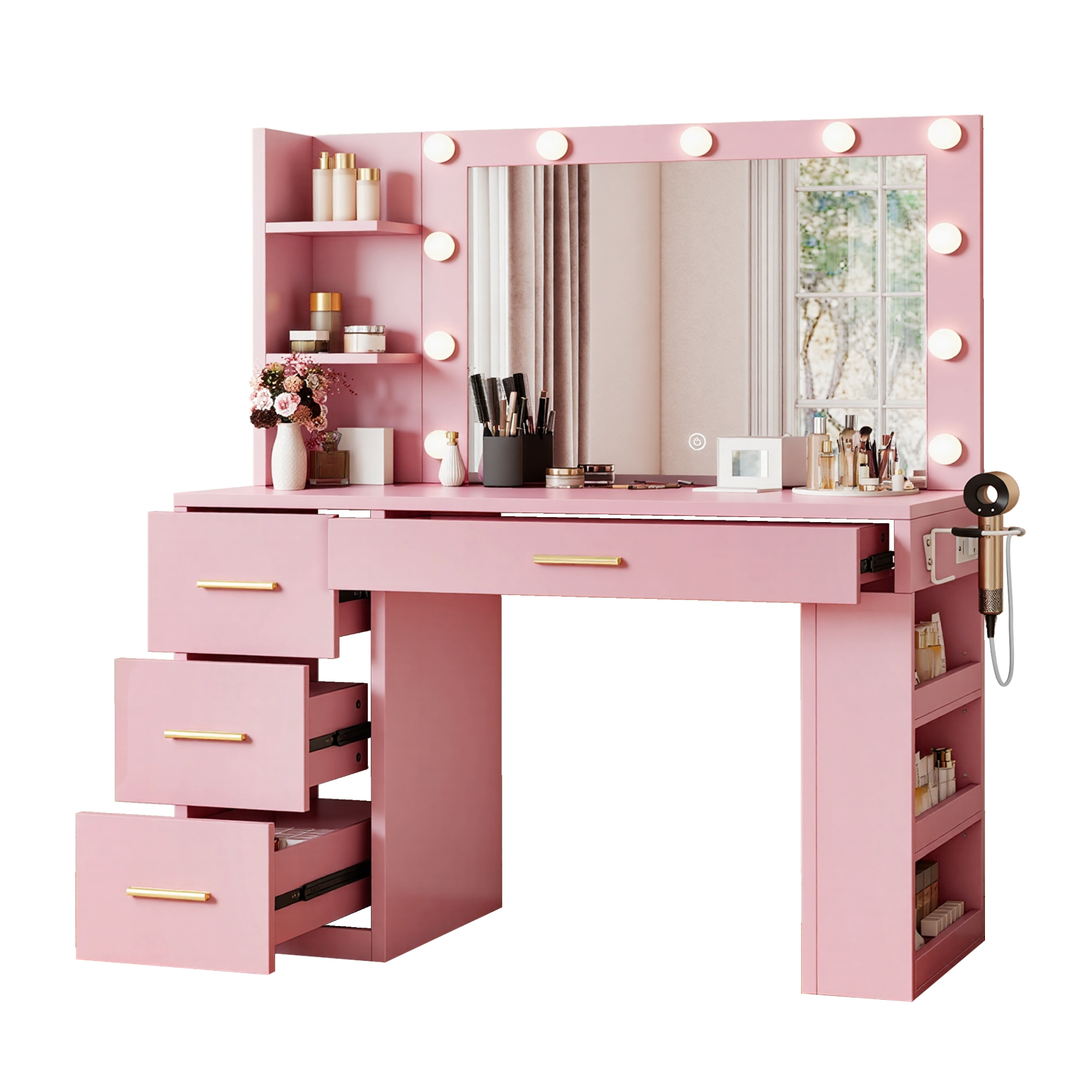Uforic 39.5" Makeup Vanity Desk with LED Mirror, 4 Drawers, 6 Shelves, Power Outlets,Dressing Table for Bedroom - Pink