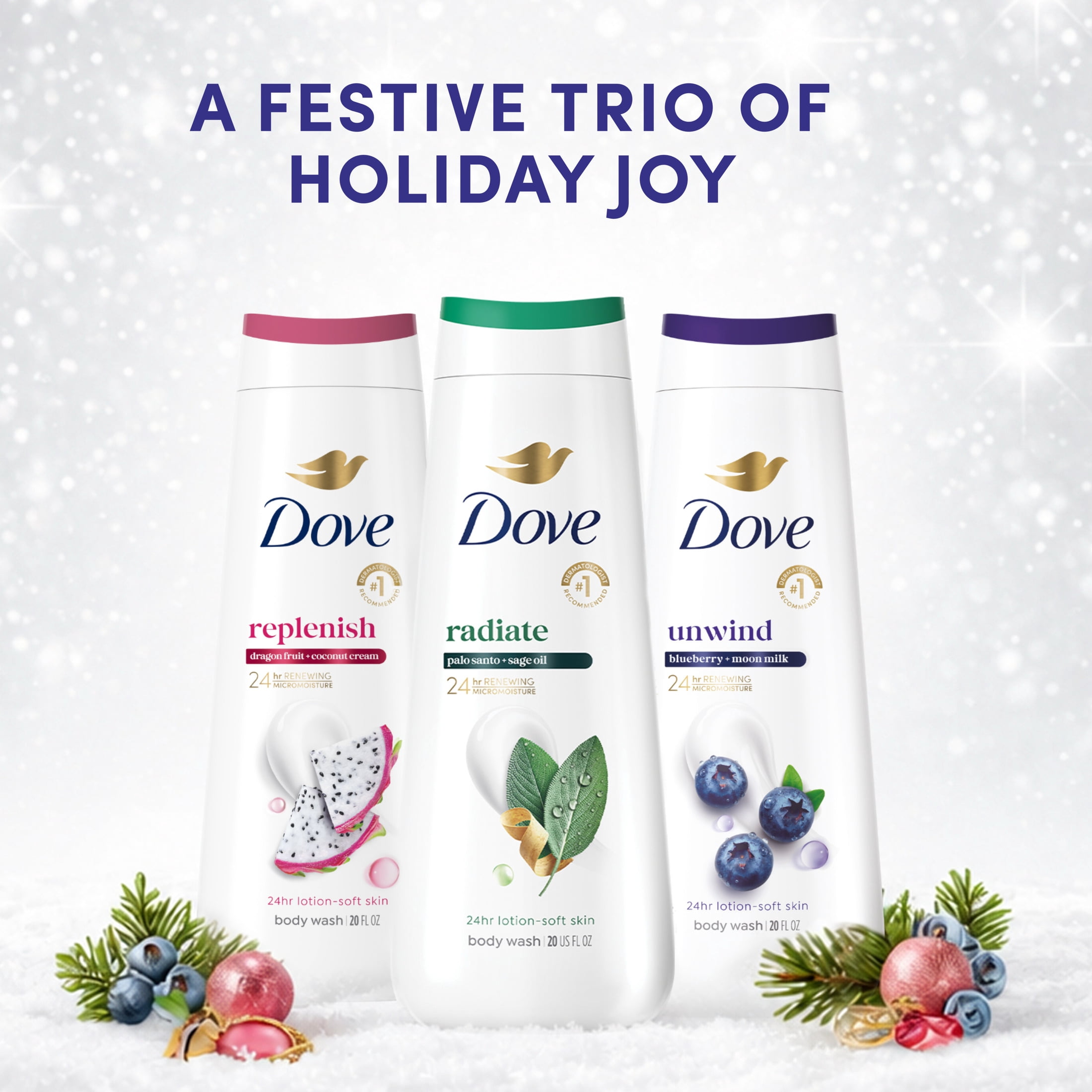 Dove Limited Edition Festive Wash Trio Gift Set For Hydrated & Soft Skin, 3 Pack