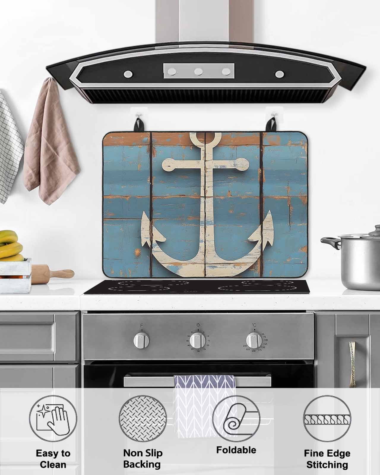 nqOlkjepod Large Induction Cooktop Protector Mat 24"x21", Vintage Beige Anchor Stove Top Covers for Electric Stove, Modern Nautical Coastal Wooden Stove Burner Cover Mats, Glass Top Stove Cover
