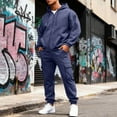 thumbnail image 3 of Men's Winter 2-Piece Outdoor Tracksuit, Fleece-Lined Solid Color Hooded Sweatshirt Jacket and Elastic Waist Cargo Joggers, For Casual Adventures,Navy,3XL, 3 of 9
