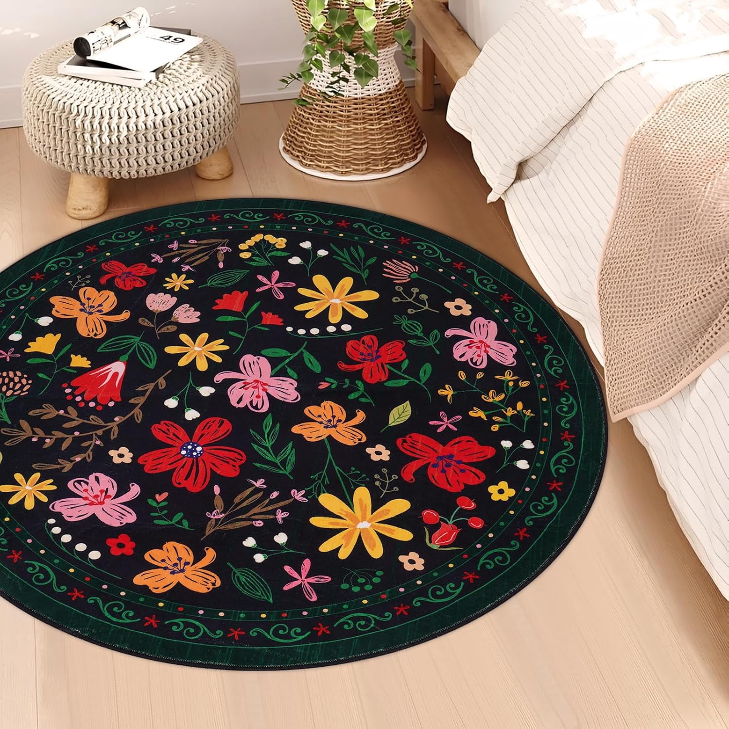 BLEUM CADE Round Area Rug for Bedroom,Flower Spring Rug Machine Washable Soft Carpet for Kids,Black,4x4 ft