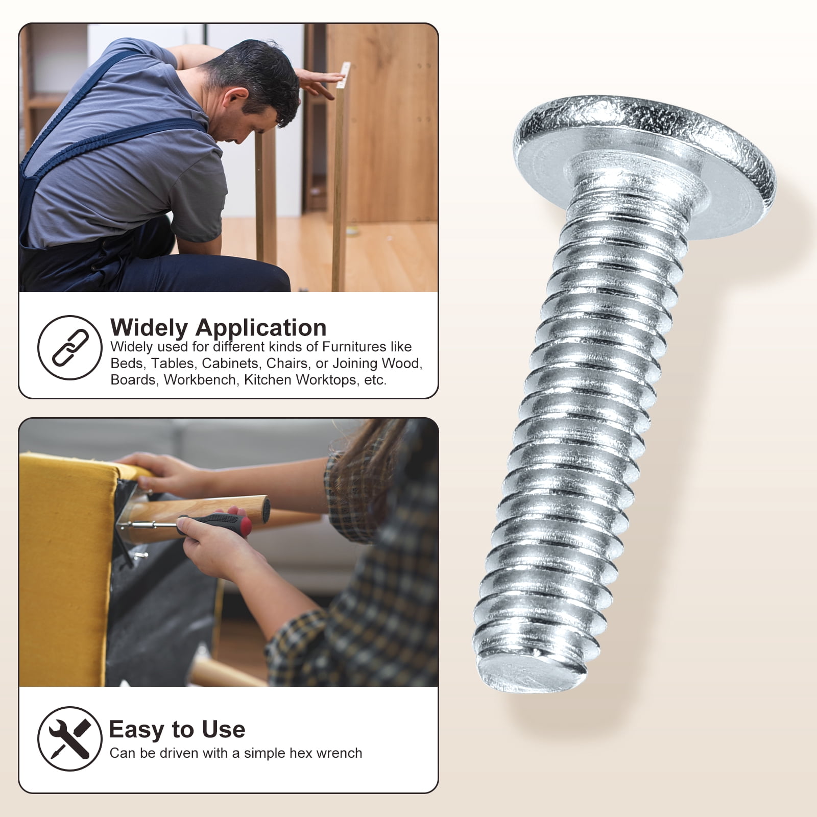 Furniture Connector Bolt Cap Nut Kit with Wrench(M6-1x40/50/60/70/80mm) 36Pcs, Connector Bolt M6 Countersunk Screw Barrel Nuts Binding Screws, for Chair Cabinet Bed, Yellow
