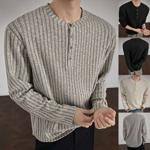 Visit the JURANMO Store Hauts en Tricot pour Hommes Bouton Col Rond Manches Longues Henley Chemises Mode Automne Chandail Ample Décontracté Beige TG