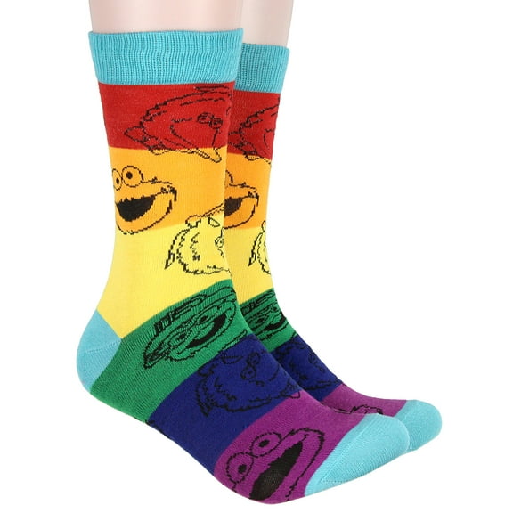 Bioworld Sesame Street Adult Striped Rainbow Color Character Heads Crew Socks For Men For Women