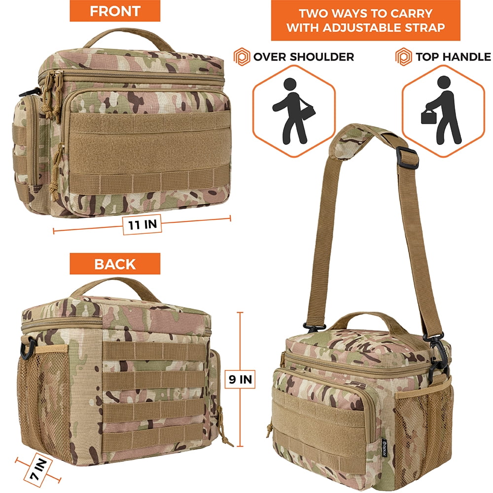 OPUX Tactical Lunch Box for Men, Camo Mens Insulated Lunch Bag for Adult, Leakproof Soft Lunch Cooler with MOLLE Mesh Side Pockets, Multicam Heavy Duty Lunchbox Pail for Work Women, Large, 18 Cans
