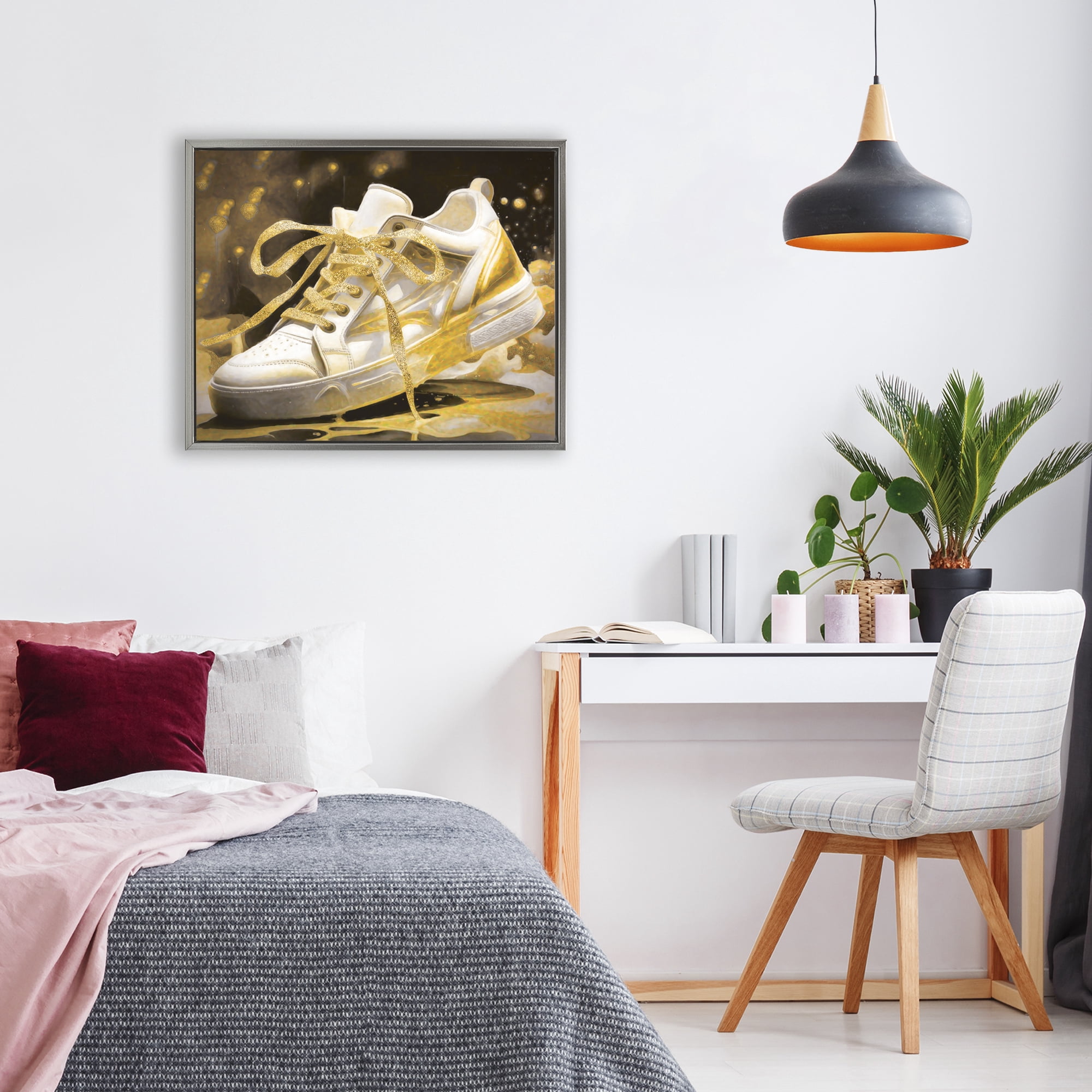 Stupell Industries Splashy Gold Sneaker Gray Framed Floater Canvas Wall Art, design by Grotto Studios