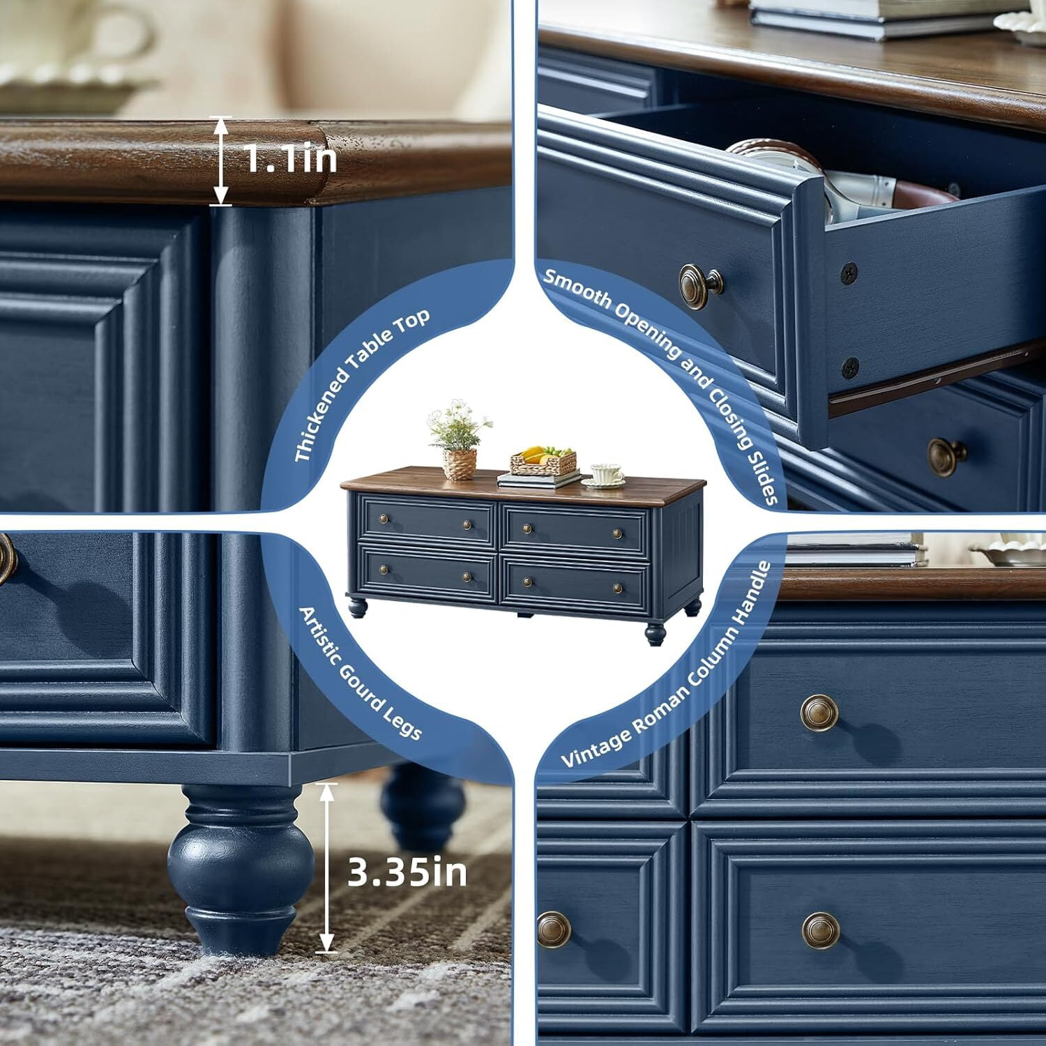 Leyaoyao 48" Farmhouse Coffee Table with Hidden Storage, 4 Drawers &Roman Column Knobs,Rustic Center Table with Wood Curved Legs for Living Room,Blue