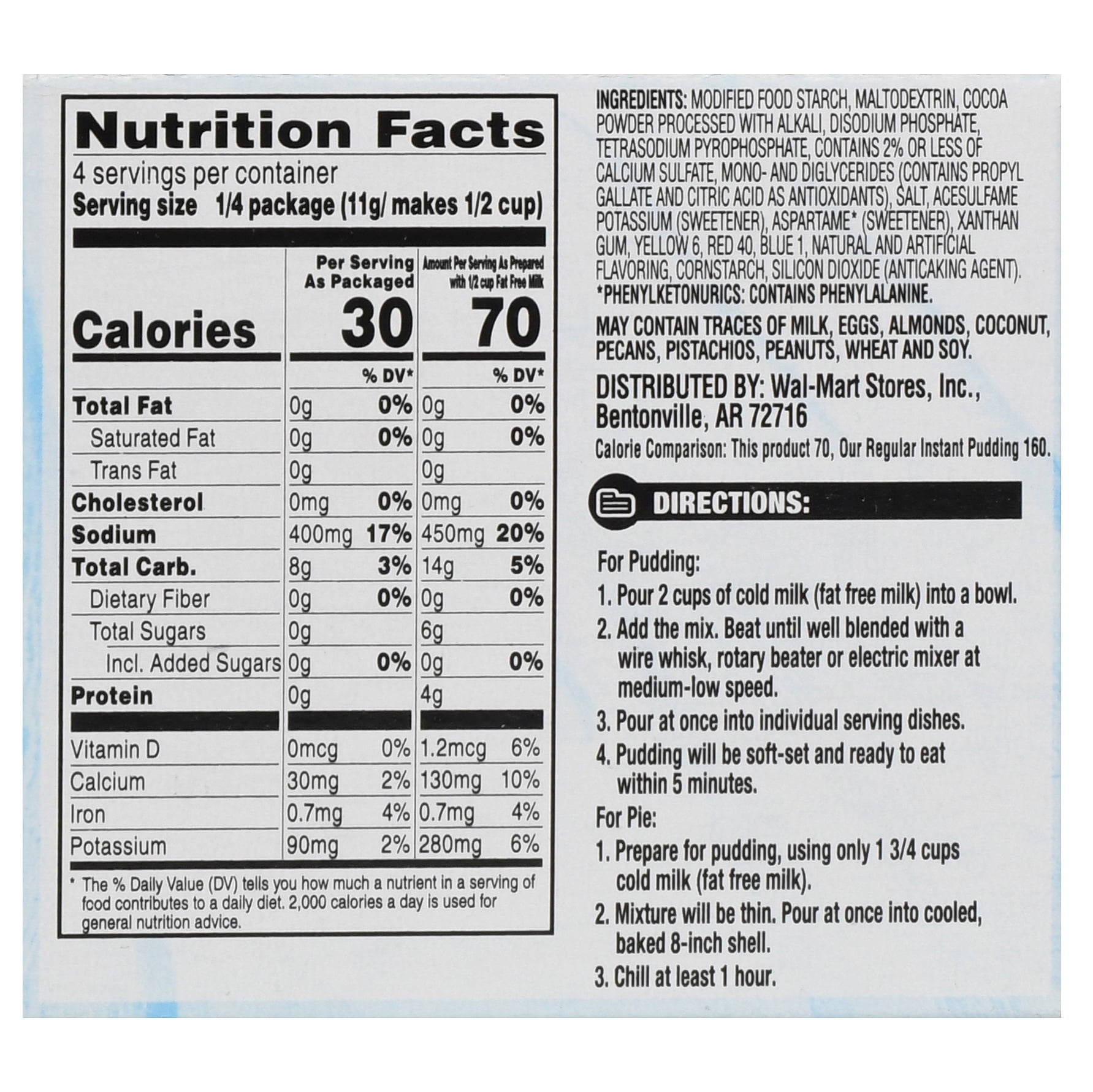 Great Value Sugar Free Chocolate Instant Pudding Pie Filling 1 5 Oz Walmart Com Walmart Com