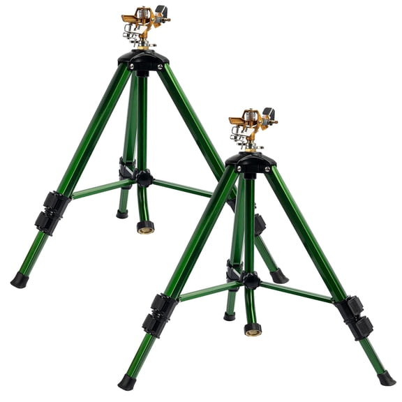 2 Pack Impact Sprinkler on Tripod Base, Heavy Duty Sprinklers for Lawn Yard Garden, 0-360 Degree Large Area Coverage, 3/4 Inch Connector Extension Legs Flip Locks with Brass Head