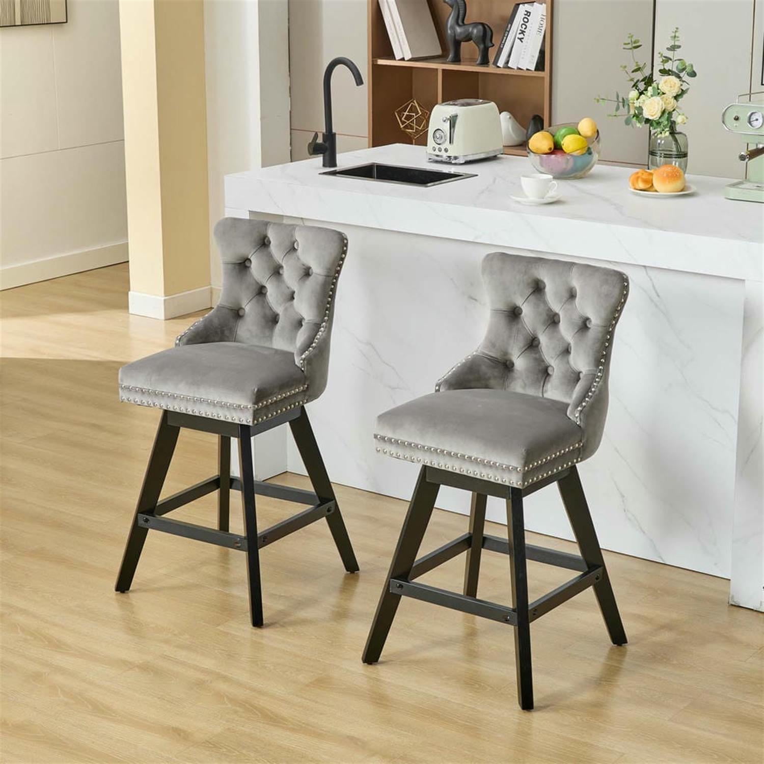 Demi Bonn 38" Counter Height Bar Stools Set of 2, Velvet Swivel Barstools with Button Tufted Back, Kitchen Island Countertop Chairs for Dining Room, Gray