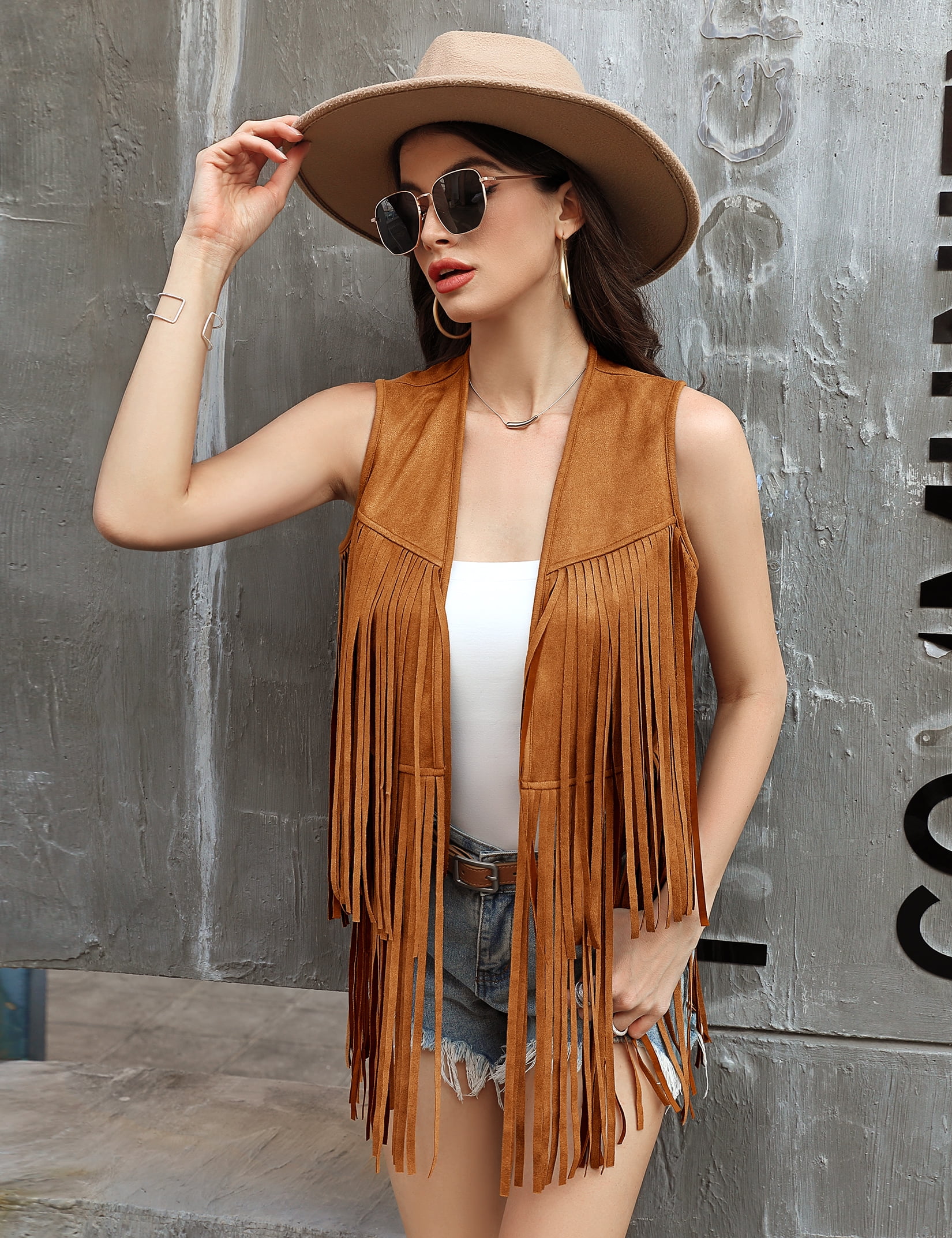 Yesfashion Women's Fringe Vest 70s Hippie Sleeveless Tassel Long Cardigan Jacket Cowgirl Western Tops