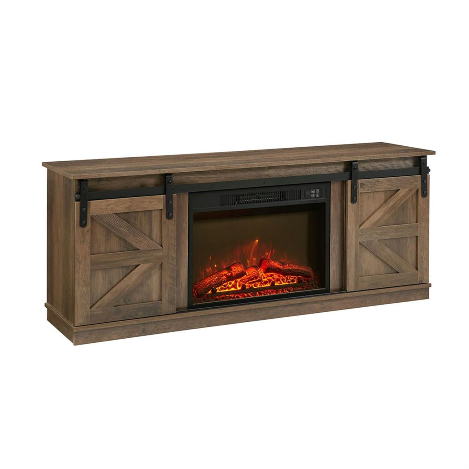 Demi Bonn Modern Fireplace TV Stand for Television up to 65" with Storage and Farmhouse Sliding Barn Doors, Entertainment Center with Cabinet and Shelves, Brown