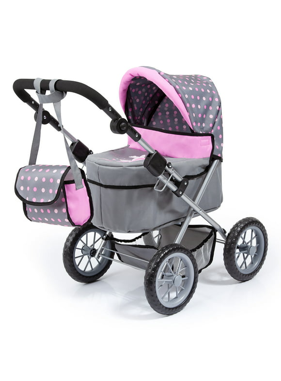 Bayer Design Doll Grey/Pink Trendy Pram W/ Shoulder Bag, Adjustable Handle, Shopping Basket, Easy To Fold, Children Ages 3+