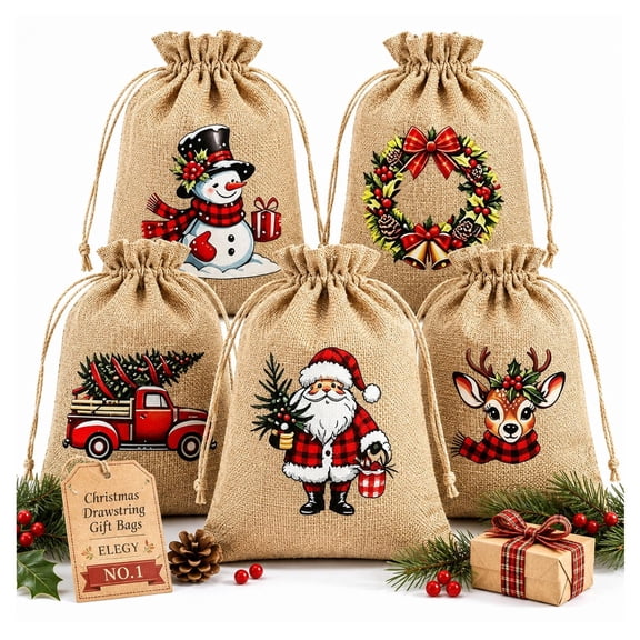Christmas Drawstring Gift Bags Burlap Treat Pouches Tiny Small for Xmas Candy Supplies Reusable Holiday Goodie Sacks Assorted Sizes Party Favors Cookies Stocking Stuffers Rustic Present