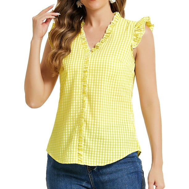 Camiseta de mujer con volantes de cuadros Gingham Inspire Chic para el Día de la Madre, cuello en V, manga corta, blusa a cuadros, tamaño L, color amarillo