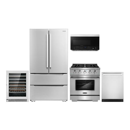 Cosmo 5 Piece Kitchen Appliance Package with 30  Over the Range Microwave 30  Freestanding Gas Range 24  Built-in Fully Integrated Dishwasher French Door Refrigerator & 48 Bottle Wine Refrigerator
